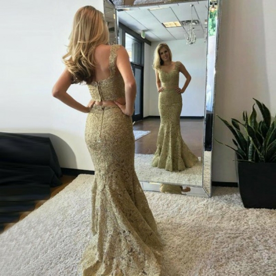 Two Piece V-Neck Sleeveless Sweep Train Champagne Lace Prom Dress - Click Image to Close