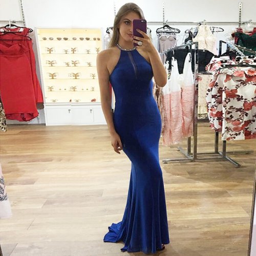 Mermaid Jewel Floor-Length Royal Blue Prom Dress with Beading Sequins