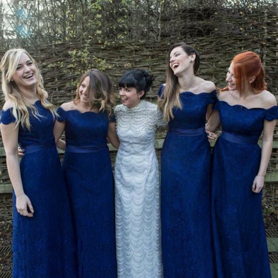 Sheath Off-the-Shoulder Short Sleeves Dark Blue Lace Bridesmaid Dress - Click Image to Close