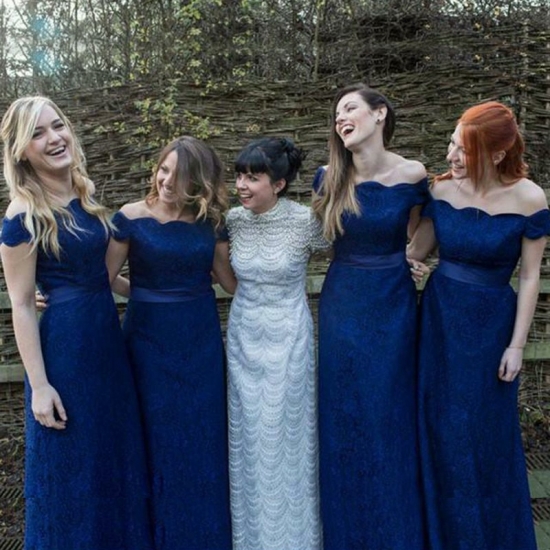 Sheath Off-the-Shoulder Short Sleeves Dark Blue Lace Bridesmaid Dress - Click Image to Close
