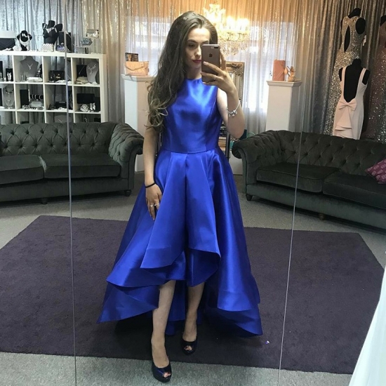 A-Line Round Neck High Neck High Low Royal Blue Satin Prom Dress - Click Image to Close