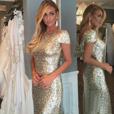 Sheath Bateau Short Sleeves Light Gold Sequined Bridesmaid Dress