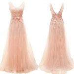 Long Tulle Appliques Prom Dress -- Pink A-Line V-Neck with Bowknot