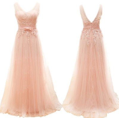 Long Tulle Appliques Prom Dress -- Pink A-Line V-Neck with Bowknot