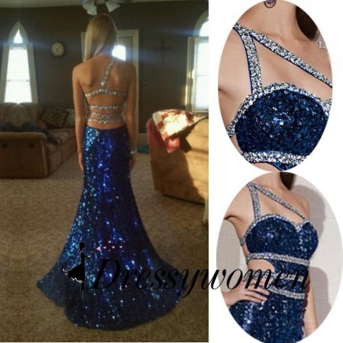 Long Sequined Prom Dress- Royal Blue Sheath One Shoulder with Beaded
