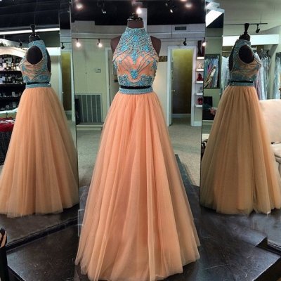 Hot-Selling Two Piece Prom Dress - High Neck Champagne with Rhinestone