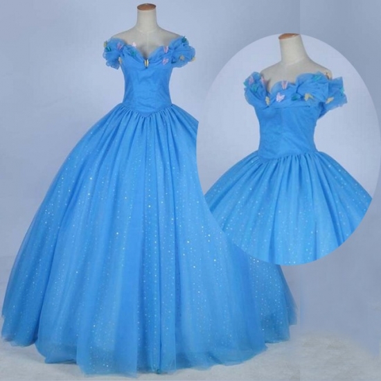 Cinderella Prom/Quinceanera Dress - Blue Ball Gown Off the Shoulder with Butterfly - Click Image to Close