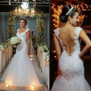 Dramatic Wedding Gown -White Mermaid V-Neck Dress with Appliques