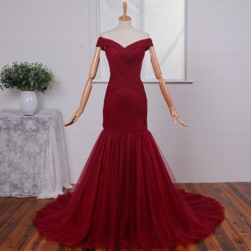 Simple Long Mermaid Prom Birthday Party Dress - Burgundy Off-the-Shoulder