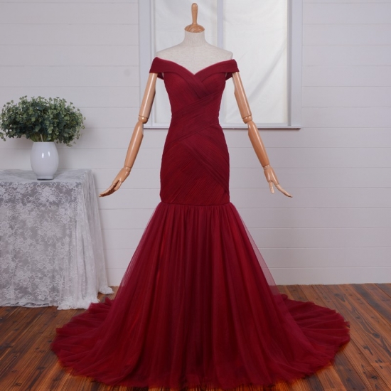Simple Long Mermaid Prom Birthday Party Dress - Burgundy Off-the-Shoulder - Click Image to Close