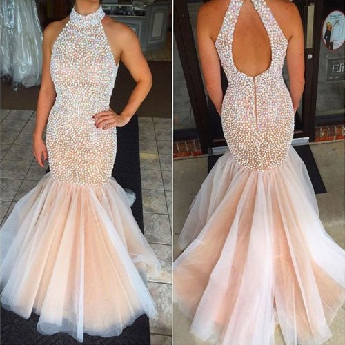 Gorgeous Prom Dress -Pearl Pink Mermaid Halter Sweep Train witn Rhinestone