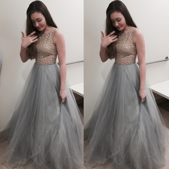 Elegant Long Prom Dress - Light Grey Ball Gown Crew with Beaded - Click Image to Close