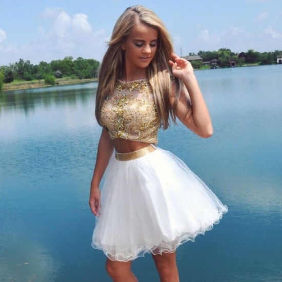 Fashion Scoop Beading Organza White Two-pieces Short Prom Homecoming Dress - Click Image to Close