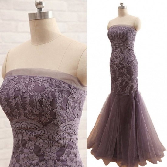 Elegant Strapless Lace Appliques Long Mermaid Mother of the Bride Dress - Click Image to Close