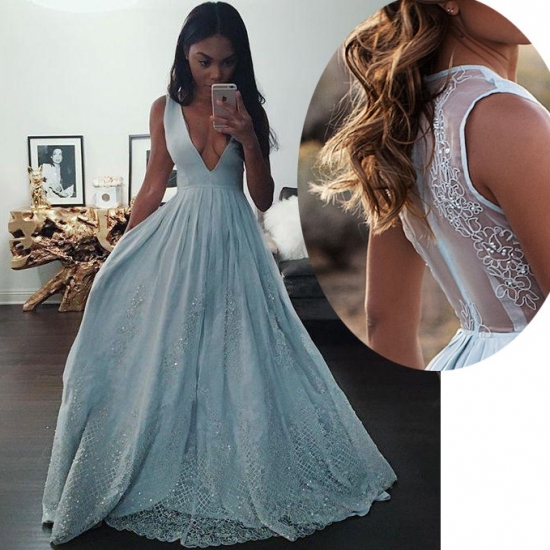 Elegant V Neck Sky Blue Sleeveless Chiffon Prom Gown with Lace - Click Image to Close
