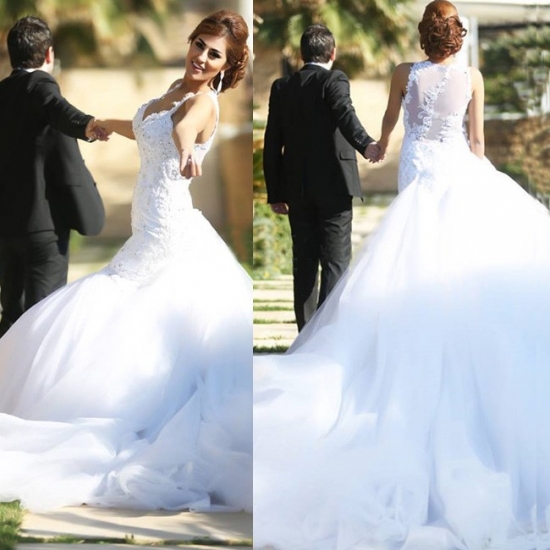 Honorable White Mermaid Wedding Dress Bridal Gown with Beaded - Click Image to Close
