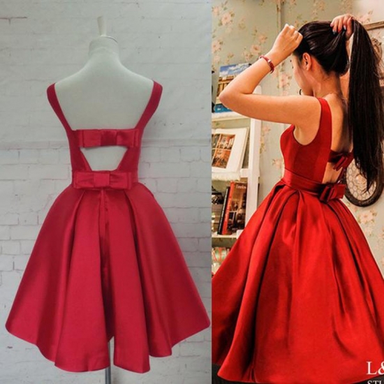 Elegant Bateau Knee Length Open Back Red Homecoming Dresses with Bowknot - Click Image to Close