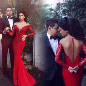Mermaid Long Sleeves Court Train Illusion Back Red Prom Dresses with Lace