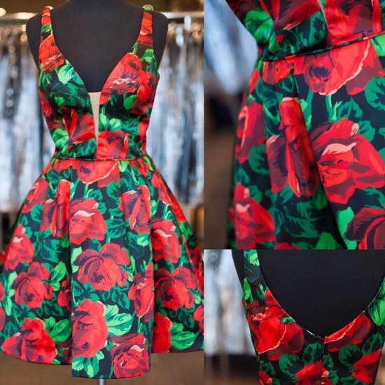 Distinctive V-neck Sleeveless Short Floral Homecoming Dresses Printed Rose - Click Image to Close