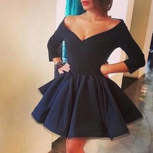 Vintage Off-the-shoulder Three-quarters Sleeves Navy Short Satin Dress for Homecoming