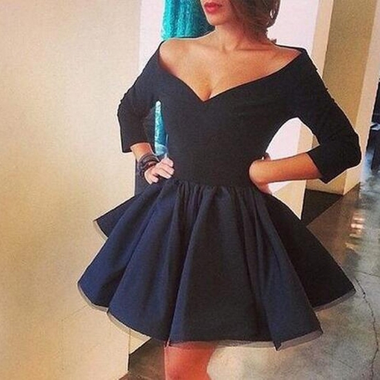 Vintage Off-the-shoulder Three-quarters Sleeves Navy Short Satin Dress for Homecoming - Click Image to Close
