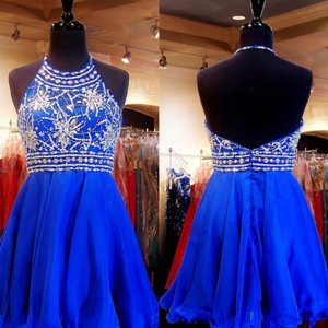 Hot Sale Halter Open Back Royal Blue Short Homecoming Dress with Beading