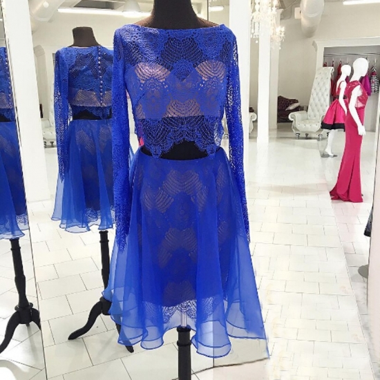 Luxurious Two Piece Bateau Long Sleeves Short Royal Blue Homecoming Dress with Lace Top - Click Image to Close