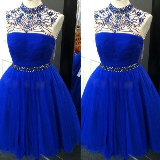 Nectarean High Neck Sleeveless Short Royal Blue Homecoming Dress with Beading Illusion Back - Click Image to Close