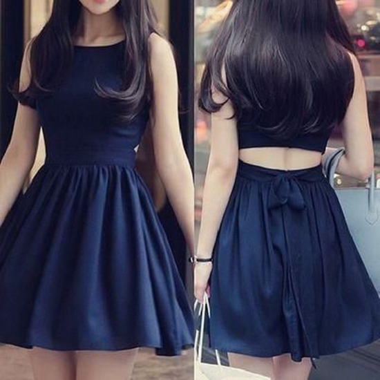 Classic Bateau Sleeveless Short Navy Blue Homecoming Dress Open Back with Bowknot - Click Image to Close