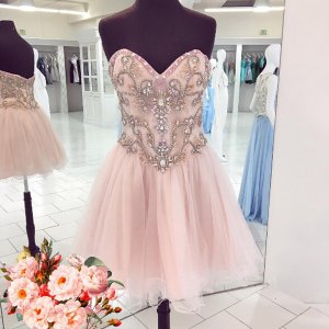 Short Pink Homecoming Dress with Beading Sweetheart Sleeveless