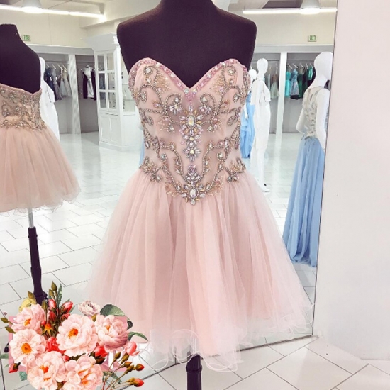 Short Pink Homecoming Dress with Beading Sweetheart Sleeveless - Click Image to Close