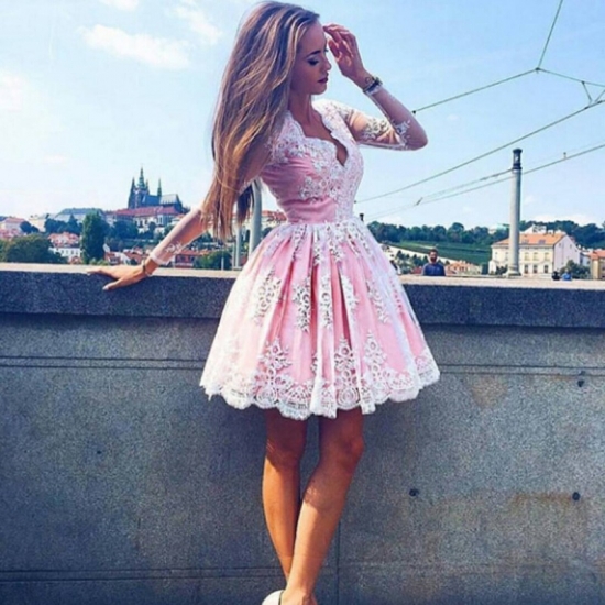 Stunning Short Homecoming Dress - V-neck Long Sleeves Lace Ruched - Click Image to Close