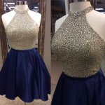 Crispy Homecoming Dress - Halter Sleeveless Short Navy Blue with Beading