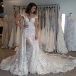 Dramatic Mermaid Wedding Dress - Bateau Short Sleeves Detachable Train