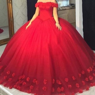 Modern Red Long Prom Dress - Ball Gown Off-the-Shoulder Sleeveless Appliques