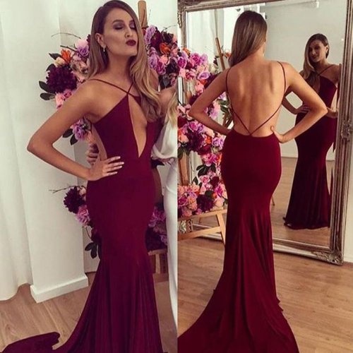Sexy Burgundy Prom Dress - Mermaid Spaghetti Straps Court Train Backless Ruched