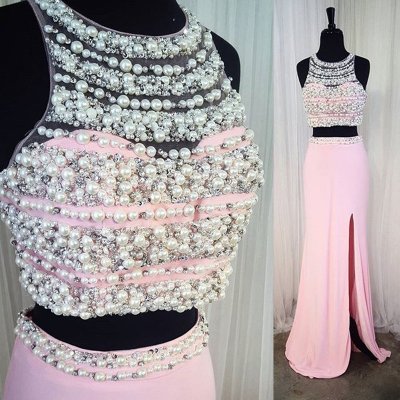 Modern Pearl Pink Prom Dress - 2 Piece Floor-Length with Beading Pearls