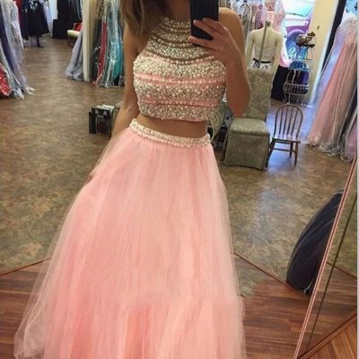 Chic Two Piece Pink Prom Dress - Jewel Floor-Length Sleeveless with Beading Pearl