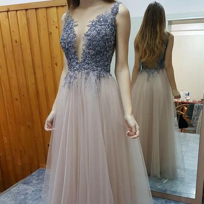 Stylish A-line Prom Dress - Deep V-neck Floor-Length Beading Backless