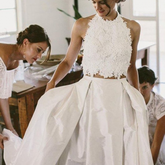 Generous Pleated Wedding Dress - Two Piece Halter Long with Lace - Click Image to Close