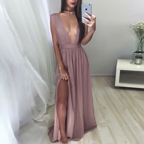 Sexy Blush Prom Dress - Deep V Neck Floor Length Sleeveless with Split - Click Image to Close