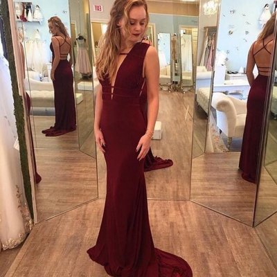 Special Burgundy Prom Dress - Mermaid Deep V Neck Sweep Train Backless