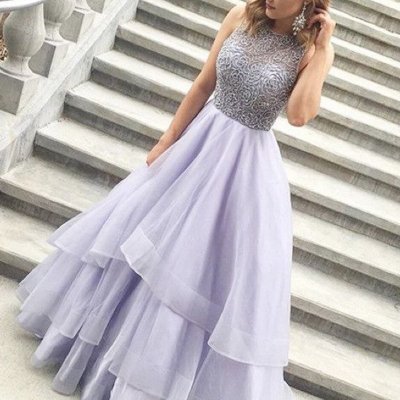 A-line Beading Jewel Sleeveless Floor-length Lavender Prom Dress