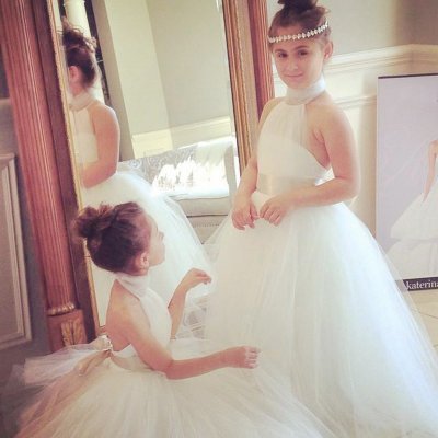 Ball Gown Halter Backless Floor-Length Flower Girl Dress with Sash