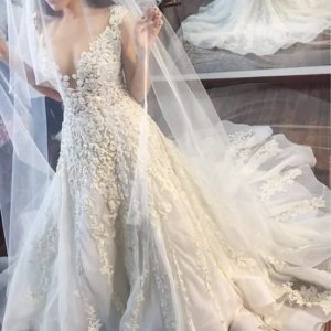 A-line Illusion Jewel Court Train Wedding Dress with Lace Appliques