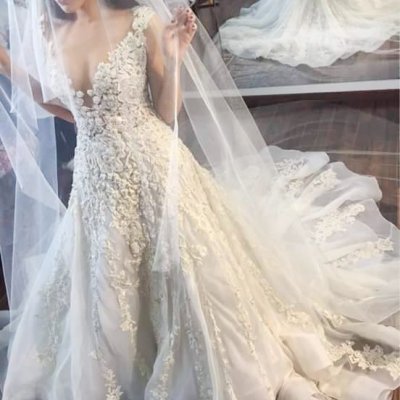 A-line Illusion Jewel Court Train Wedding Dress with Lace Appliques