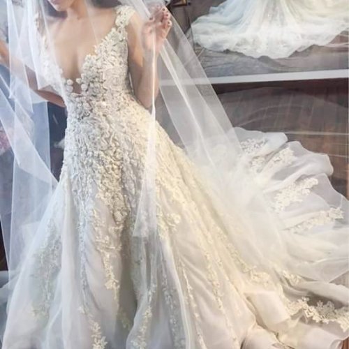 A-line Illusion Jewel Court Train Wedding Dress with Lace Appliques
