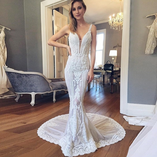 Mermaid Deep V-neck Backless Court Train Wedding Dress with Lace Appliques - Click Image to Close