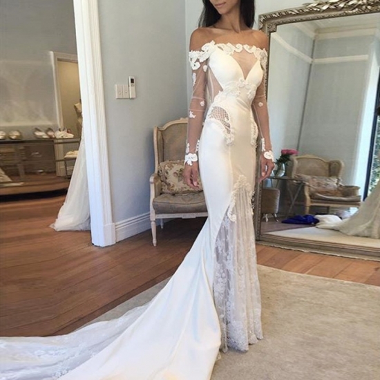 Mermaid Off-the-Shoulder Long Sleeves Court Train Wedding Dress with Lace Appliques - Click Image to Close