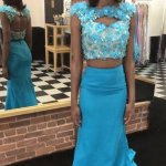 Two Piece Mermaid Style Long Keyhole Open Back Prom Dress with Beading Flowers